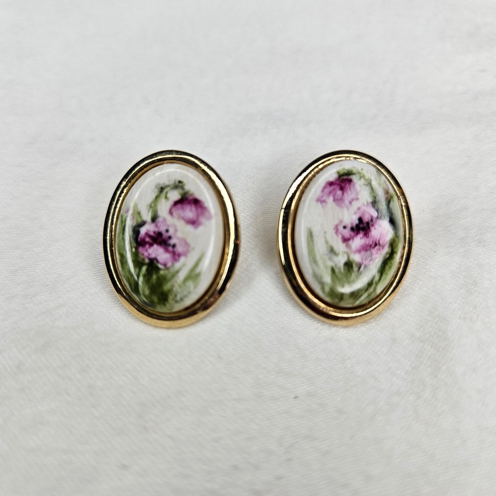 Vintage Floral Porcelain Oval Stud Earrings Gold Tone Pink Purple Flowers Post